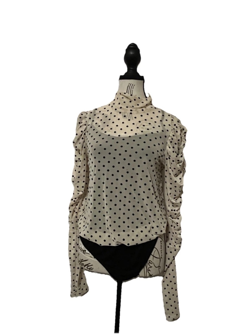 Creneau Cream Polka Dot Bodysuit Ruched Sleeve Women’s Size Large. Coquette Core